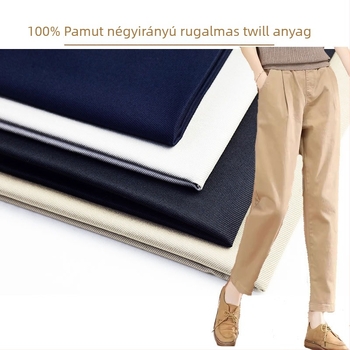 Pamutból készült rugalmas nadrágszövet, 180 g/m², négyirányú elasztikusság, twill szövésű, tavasz–nyár használatra
