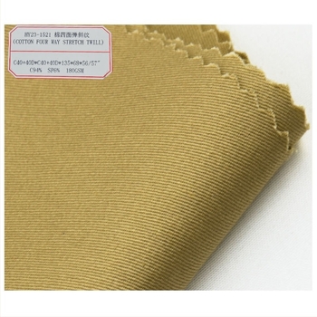 Pamutból készült rugalmas nadrágszövet, 180 g/m², négyirányú elasztikusság, twill szövésű, tavasz–nyár használatra