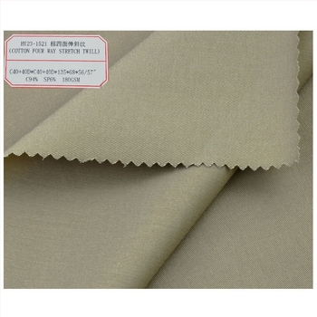 Pamutból készült rugalmas nadrágszövet, 180 g/m², négyirányú elasztikusság, twill szövésű, tavasz–nyár használatra