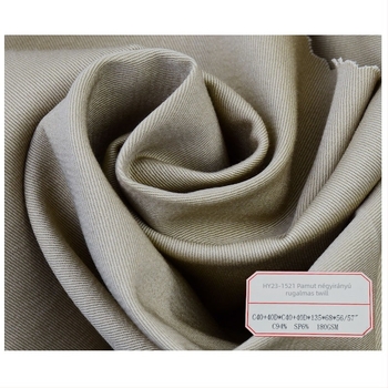 Pamutból készült rugalmas nadrágszövet, 180 g/m², négyirányú elasztikusság, twill szövésű, tavasz–nyár használatra