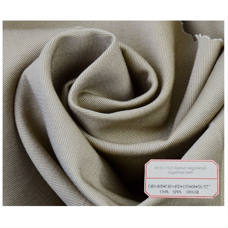 Pamutból készült rugalmas nadrágszövet, 180 g/m², négyirányú elasztikusság, twill szövésű, tavasz–nyár használatra