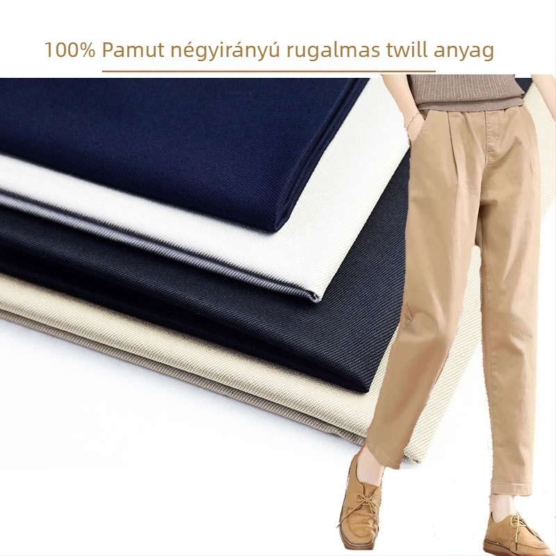 Pamutból készült rugalmas nadrágszövet, 180 g/m², négyirányú elasztikusság, twill szövésű, tavasz–nyár használatra