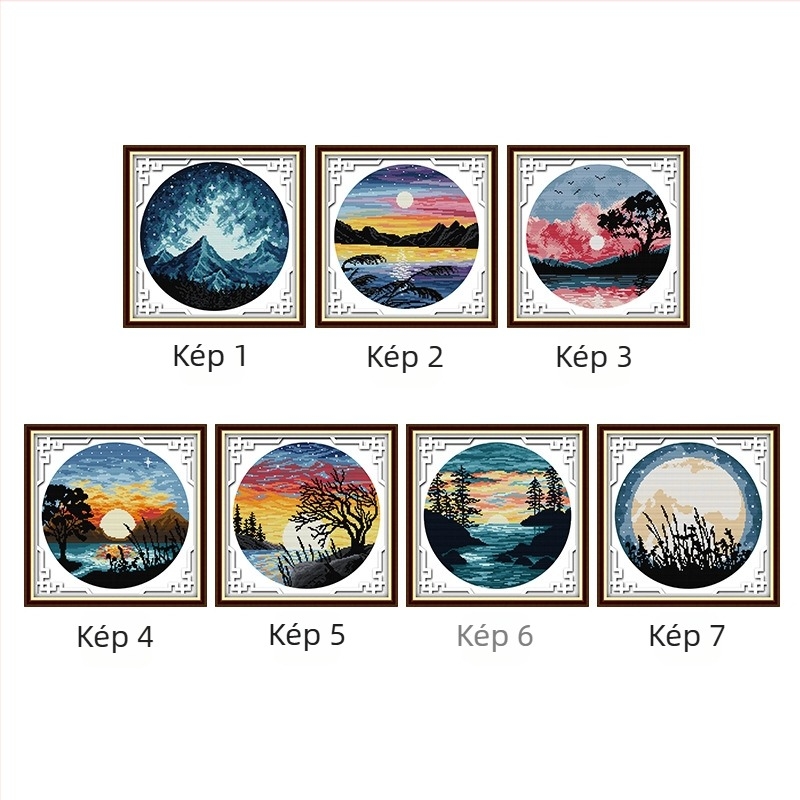 Keresztszemes készlet – tájkép napnyugvással és teliholdal, vászon 11 ct, ökológiai pamut anyag, alkalmas nappalira/hálóba/gyerekszobába