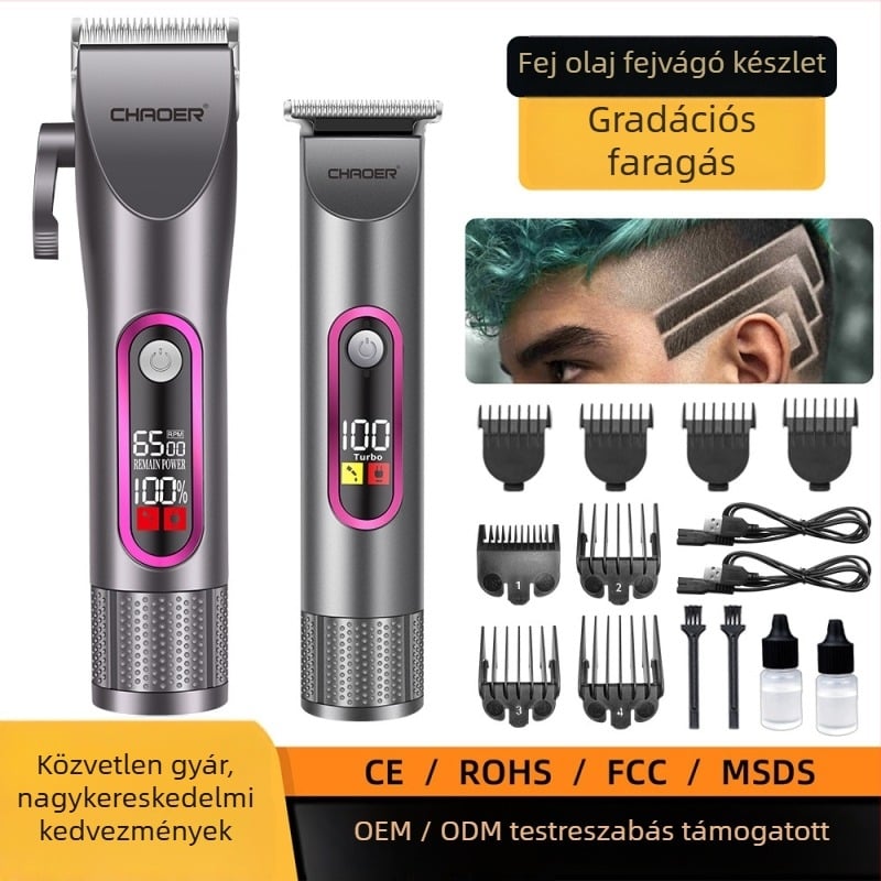 Férfiak otthoni hajvágója — Tölthető, kettős használatú áramellátás, Beépített 1200–2000 mAh akkumulátor, Működési idő 3–6 óra, Kefés motor, Rozsdamentes acél penge
