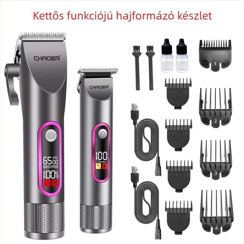 Férfiak otthoni hajvágója — Tölthető, kettős használatú áramellátás, Beépített 1200–2000 mAh akkumulátor, Működési idő 3–6 óra, Kefés motor, Rozsdamentes acél penge