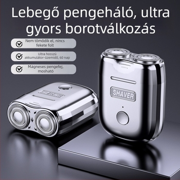 Úszó fejű elektromos borotva, forgó kettős penge, USB-töltés, mosható fej, 35–60 perc akkumulátoridő