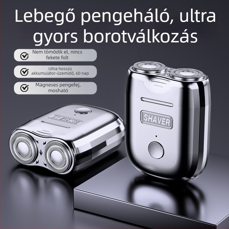Úszó fejű elektromos borotva, forgó kettős penge, USB-töltés, mosható fej, 35–60 perc akkumulátoridő