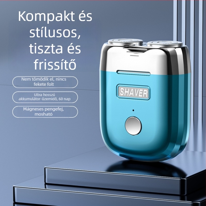Úszó fejű elektromos borotva, forgó kettős penge, USB-töltés, mosható fej, 35–60 perc akkumulátoridő