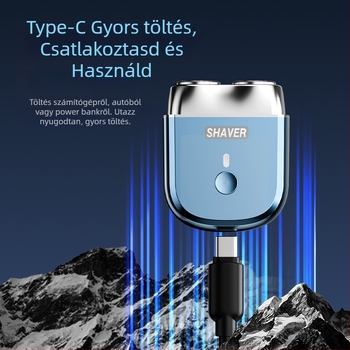 Elektromos borotva brushless motorral, lebegő forgó fej két pengével, beépített 300–500 mAh akkumulátor, levehető és mosható fej, akár 60 perc üzemidő