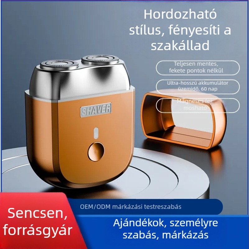 Elektromos borotva brushless motorral, lebegő forgó fej két pengével, beépített 300–500 mAh akkumulátor, levehető és mosható fej, akár 60 perc üzemidő
