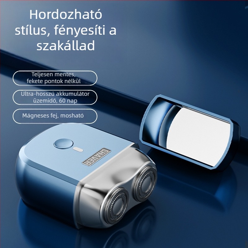 Elektromos borotva brushless motorral, lebegő forgó fej két pengével, beépített 300–500 mAh akkumulátor, levehető és mosható fej, akár 60 perc üzemidő