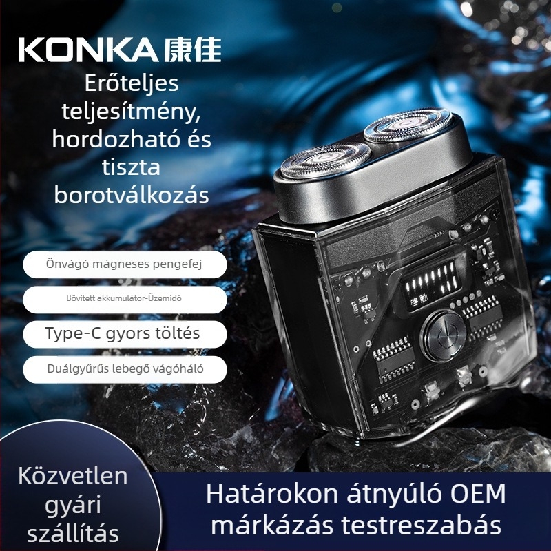 Konka átlátszó duplafejes forgó elektromos borotva beépített újratölthető akkumulátorral, akár 45 perc üzemidő, alacsony zaj 36 dB alatt