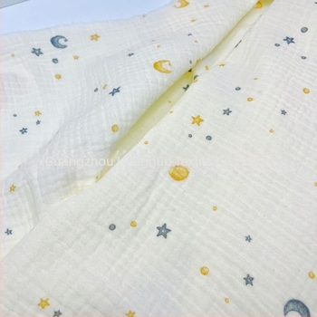 100% pamut kétszintes krepp szövet csillag-hold mintás nyomattal, babaruha és ágyneműhöz, környezetbarát nyomtatás és festés