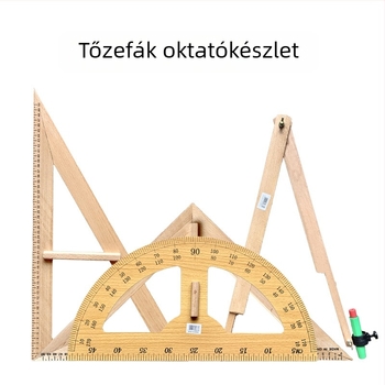 Fából készült háromszög-rajzeszközök készlet oktatáshoz; összetevők: protractor, háromszög-rajzeszköz, körző; anyag: fa; nettó súlyok: protractor 275 g, háromszög 530 g, körző 225 g; csomagolás: 50 db
