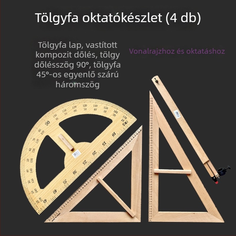 Fából készült háromszög-rajzeszközök készlet oktatáshoz; összetevők: protractor, háromszög-rajzeszköz, körző; anyag: fa; nettó súlyok: protractor 275 g, háromszög 530 g, körző 225 g; csomagolás: 50 db