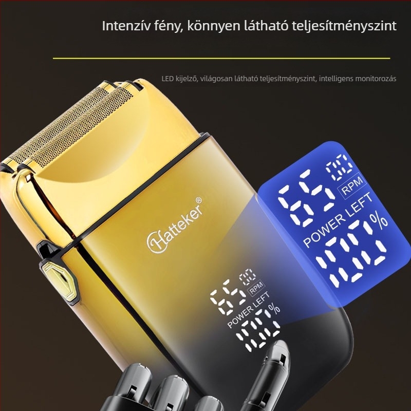 Elektromos borotva visszafelé mozgó kettős fejjel, LED kijelzővel, teljes testmosási funkcióval, beépített 1200–2000 mAh akkumulátor, 60+ perc üzemidő