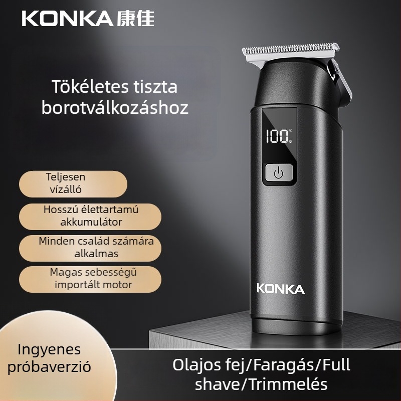 Konka kompakt hordozható hajvágó – újratölthető, brushless motor, rozsdamentes acél pengék, levehető és mosható fej, beépített 300–500 mAh akkumulátor, üzemidő 1–3 óra