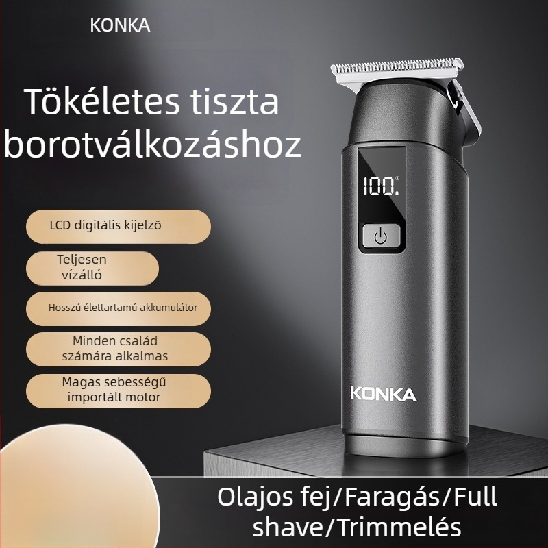 Konka kompakt hordozható hajvágó – újratölthető, brushless motor, rozsdamentes acél pengék, levehető és mosható fej, beépített 300–500 mAh akkumulátor, üzemidő 1–3 óra