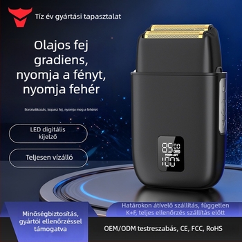 Elektromos borotva kétfejű reciprok mozgással, LED-kijelző, alumínium ötvözetű test, beépített 500–800 mAh-s akkumulátor, teljes testmosás