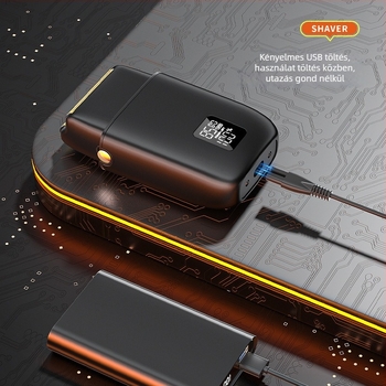 Elektromos borotva kétfejű reciprok mozgással, LED-kijelző, alumínium ötvözetű test, beépített 500–800 mAh-s akkumulátor, teljes testmosás