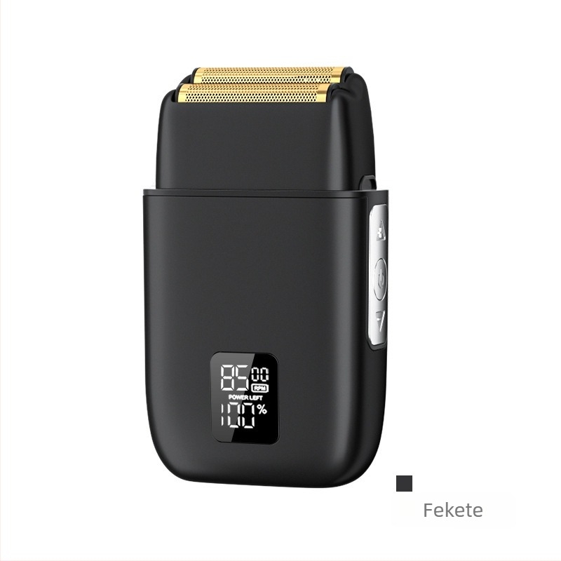 Elektromos borotva kétfejű reciprok mozgással, LED-kijelző, alumínium ötvözetű test, beépített 500–800 mAh-s akkumulátor, teljes testmosás