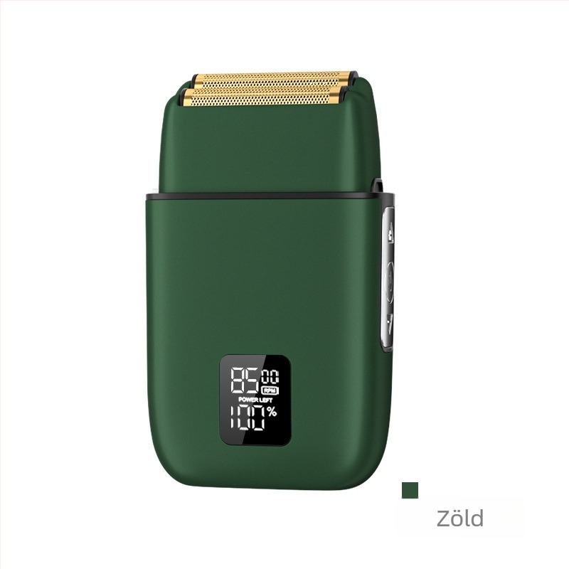 Elektromos borotva kétfejű reciprok mozgással, LED-kijelző, alumínium ötvözetű test, beépített 500–800 mAh-s akkumulátor, teljes testmosás