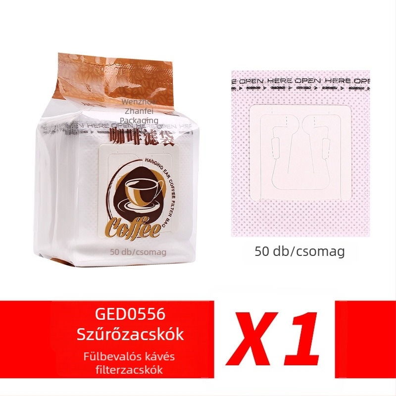 Füles kávéfilter tasak, nem szőtt anyagból, 50 db/csomag, OPP csomagolás, irodai használatra, nyomtatott logó, magáncímke elérhető