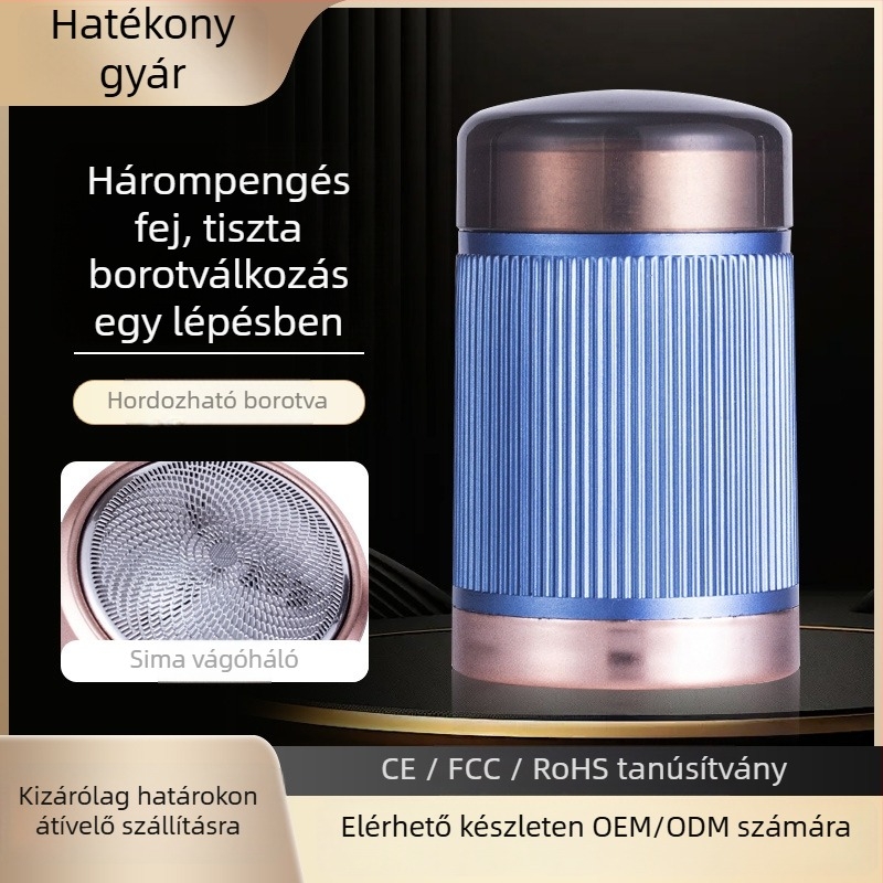 Elektromos borotva – USB töltésű, beépített akkumulátor, forgó 3‑éles fej, teljes testre vízálló, alacsony zajú (<36 dB), kompakt és hordozható