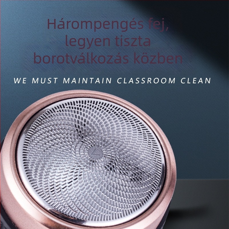 Elektromos borotva – USB töltésű, beépített akkumulátor, forgó 3‑éles fej, teljes testre vízálló, alacsony zajú (<36 dB), kompakt és hordozható