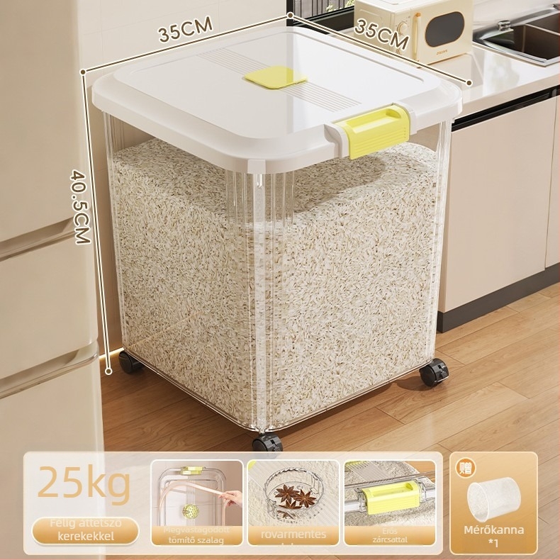 Rizstároló doboz, PP-plasztik, 8–9 L kapacitás, nedvesség- és rovarbiztos zárás, rizs, tészta és gabonafélék tárolására