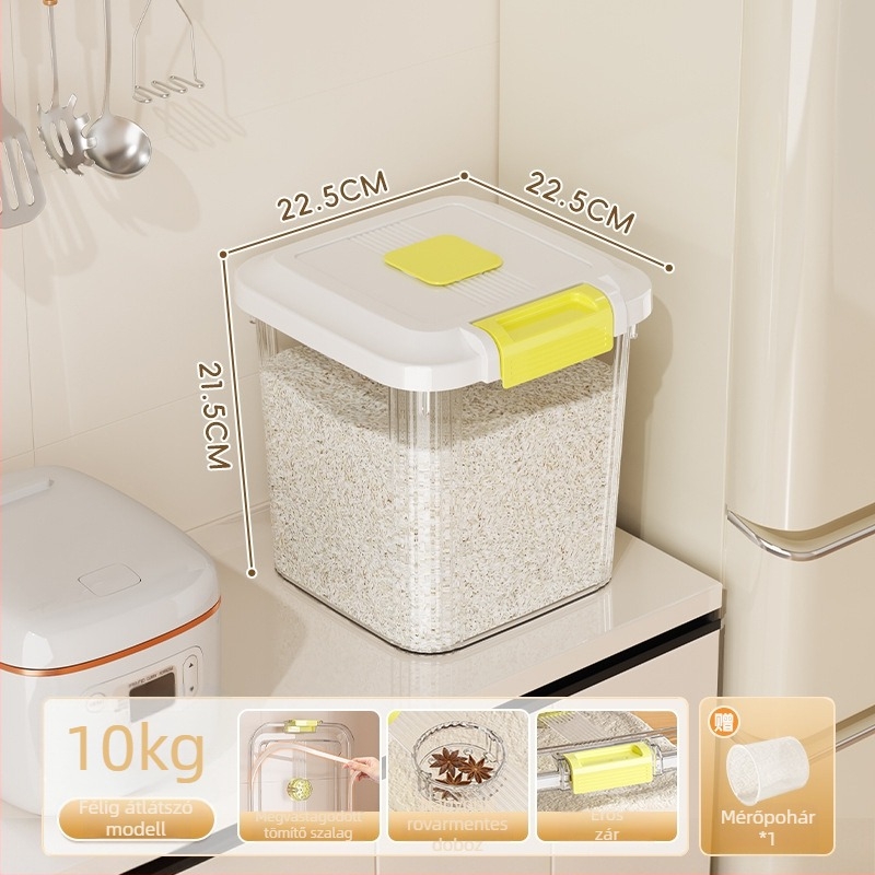 Rizstároló doboz, PP-plasztik, 8–9 L kapacitás, nedvesség- és rovarbiztos zárás, rizs, tészta és gabonafélék tárolására
