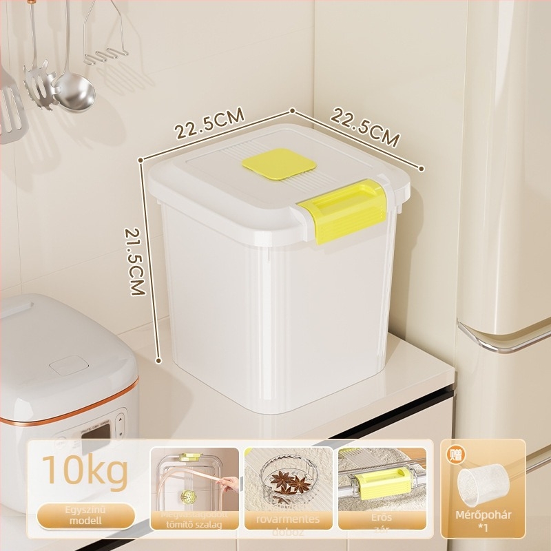 Rizstároló doboz, PP-plasztik, 8–9 L kapacitás, nedvesség- és rovarbiztos zárás, rizs, tészta és gabonafélék tárolására