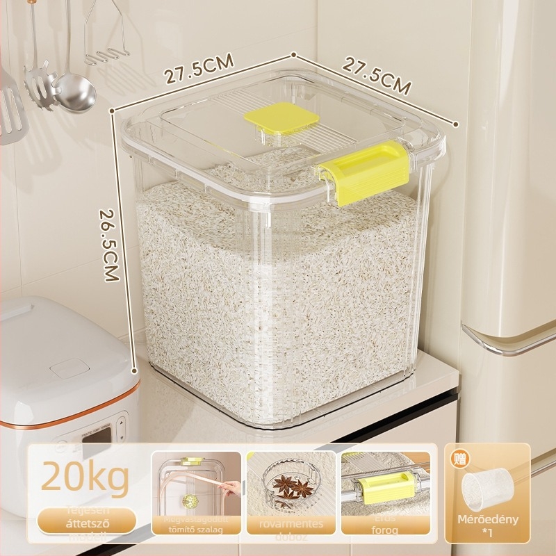 Rizstároló doboz, PP-plasztik, 8–9 L kapacitás, nedvesség- és rovarbiztos zárás, rizs, tészta és gabonafélék tárolására