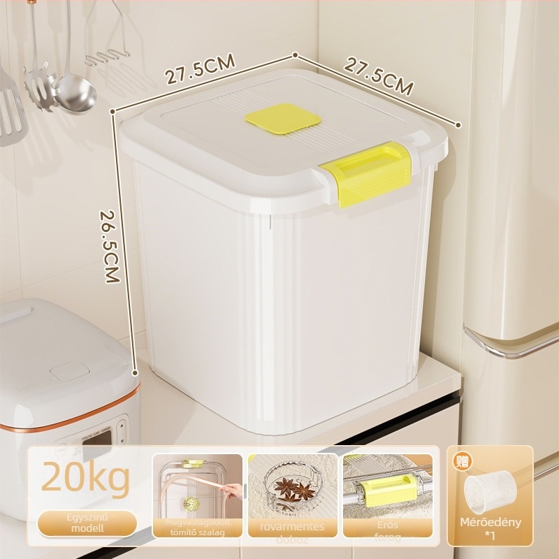 Rizstároló doboz, PP-plasztik, 8–9 L kapacitás, nedvesség- és rovarbiztos zárás, rizs, tészta és gabonafélék tárolására