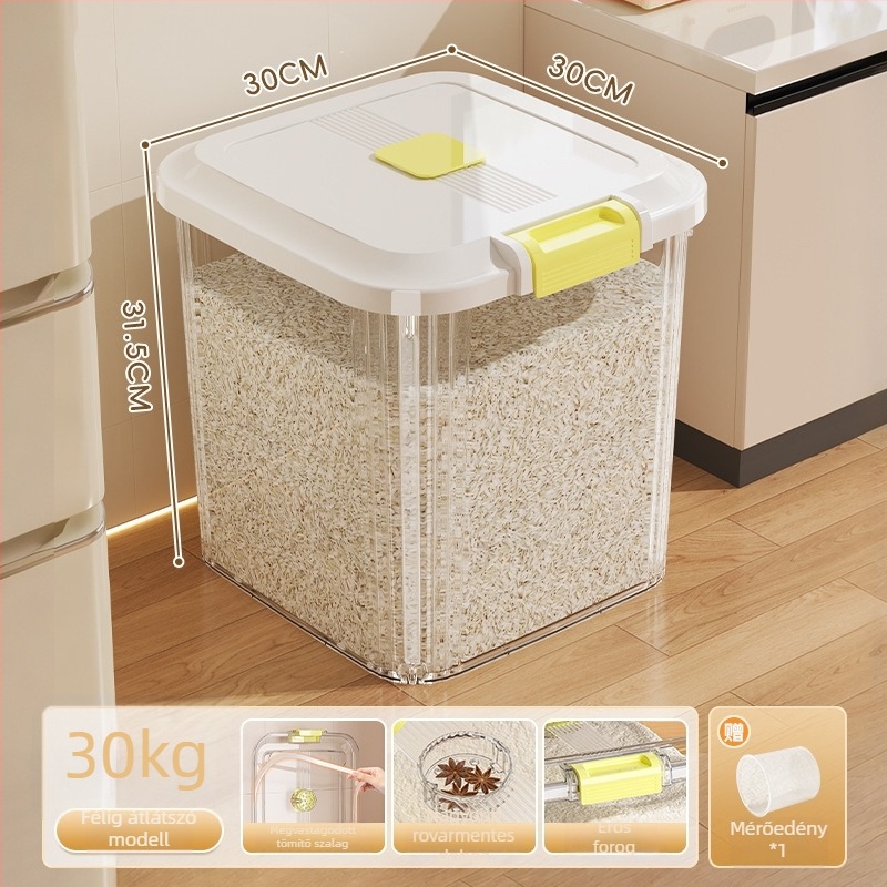 Rizstároló doboz, PP-plasztik, 8–9 L kapacitás, nedvesség- és rovarbiztos zárás, rizs, tészta és gabonafélék tárolására