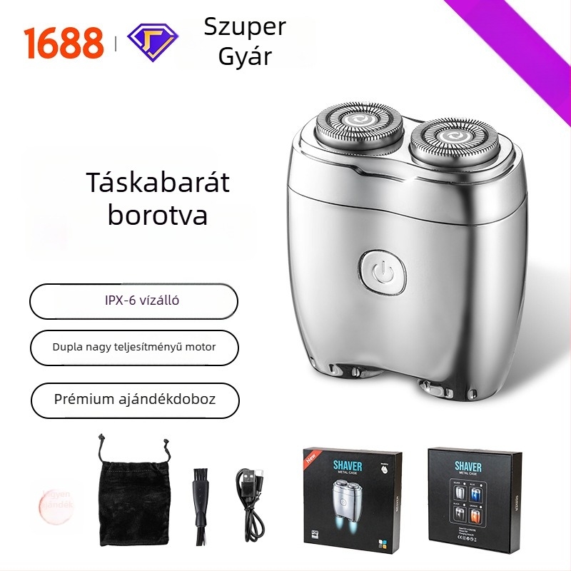 Elektromos borotva, forgófejű, két vágófej, lebegő fej, teljes testmosásra alkalmas, beépített 500–800 mAh akkumulátor, 80 perc működési idő