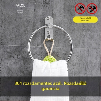 Törölközőtartó kampóval és gyűrűvel – 304 rozsdamentes acél, természetes rajzfelület, falra szerelhető, teherbírás 20 kg, egy réteg, Új kínai stílus