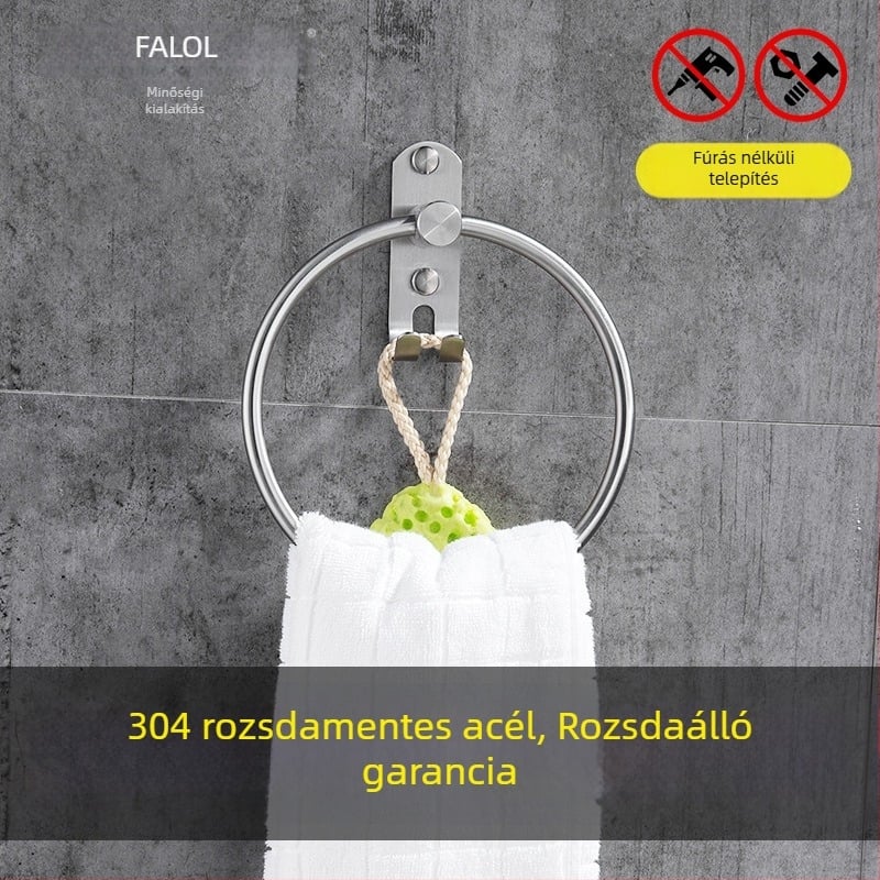Törölközőtartó kampóval és gyűrűvel – 304 rozsdamentes acél, természetes rajzfelület, falra szerelhető, teherbírás 20 kg, egy réteg, Új kínai stílus
