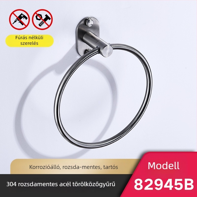 Törölközőtartó kampóval és gyűrűvel – 304 rozsdamentes acél, természetes rajzfelület, falra szerelhető, teherbírás 20 kg, egy réteg, Új kínai stílus