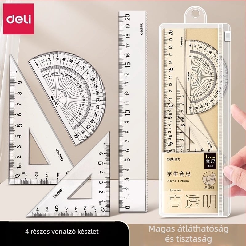 Deli négy darabos akril vonalzó készlet diákok számára, többfunkciós rajzeszköz, modell 79514