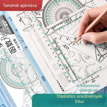 Általános iskolásoknak szóló többfunkciós vonalzókészlet: tartalmaz vonalzót, háromszöget és szögmérőt; műanyagból; dobozos csomagolás; nyomtatott logó; testreszabás elérhető
