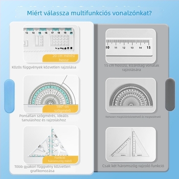 Általános iskolásoknak szóló többfunkciós vonalzókészlet: tartalmaz vonalzót, háromszöget és szögmérőt; műanyagból; dobozos csomagolás; nyomtatott logó; testreszabás elérhető