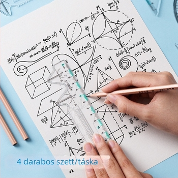 Általános iskolásoknak szóló többfunkciós vonalzókészlet: tartalmaz vonalzót, háromszöget és szögmérőt; műanyagból; dobozos csomagolás; nyomtatott logó; testreszabás elérhető