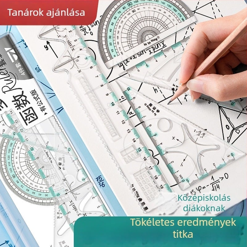 Általános iskolásoknak szóló többfunkciós vonalzókészlet: tartalmaz vonalzót, háromszöget és szögmérőt; műanyagból; dobozos csomagolás; nyomtatott logó; testreszabás elérhető