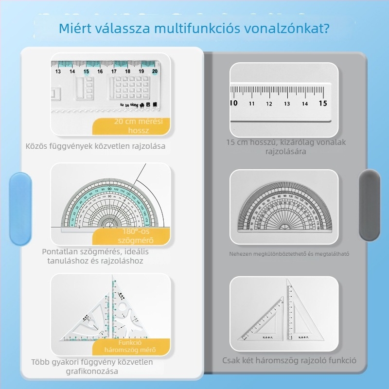 Általános iskolásoknak szóló többfunkciós vonalzókészlet: tartalmaz vonalzót, háromszöget és szögmérőt; műanyagból; dobozos csomagolás; nyomtatott logó; testreszabás elérhető