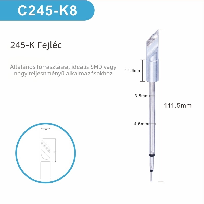C245 forrasztófej integrált fűtőmaggal, tiszta réz hegy, K Blade sorozat - KU, KF, K8, tartozék forrasztóállomáshoz