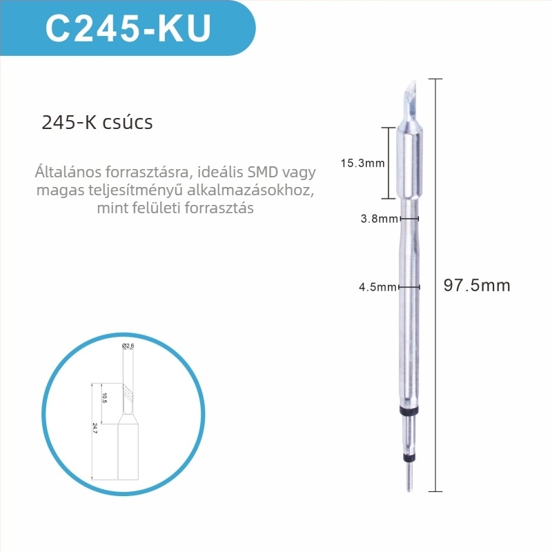 C245 forrasztófej integrált fűtőmaggal, tiszta réz hegy, K Blade sorozat - KU, KF, K8, tartozék forrasztóállomáshoz