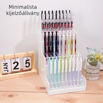 Műanyagból készült asztali bemutató állvány, több szintű lépcsőzetes kialakítás, kiállítási modell, logónyomtatás és testreszabás elérhető