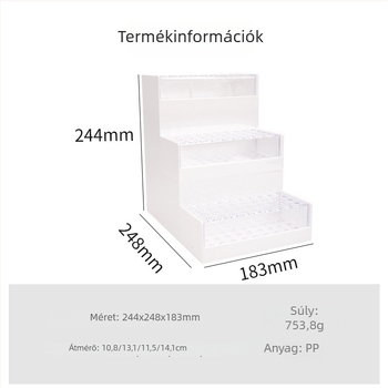 Műanyagból készült asztali bemutató állvány, több szintű lépcsőzetes kialakítás, kiállítási modell, logónyomtatás és testreszabás elérhető