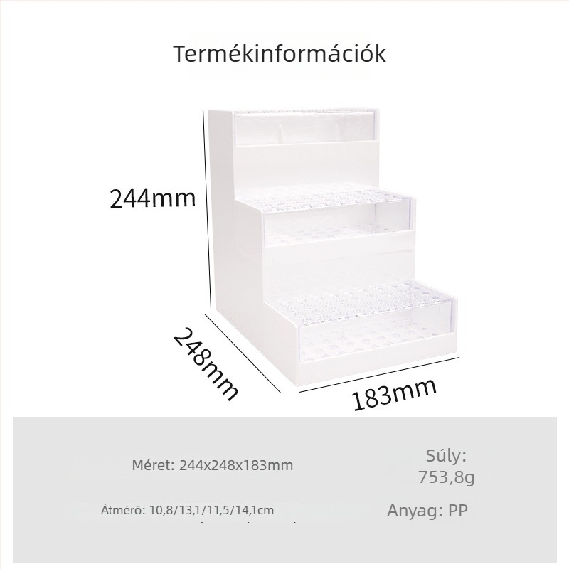 Műanyagból készült asztali bemutató állvány, több szintű lépcsőzetes kialakítás, kiállítási modell, logónyomtatás és testreszabás elérhető